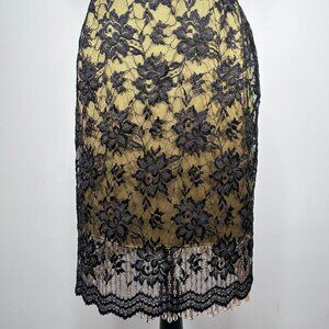 Parameter Lace Pencil Skirt Women's 8 Black Gold Tasseled Hem Beaded Lined USA